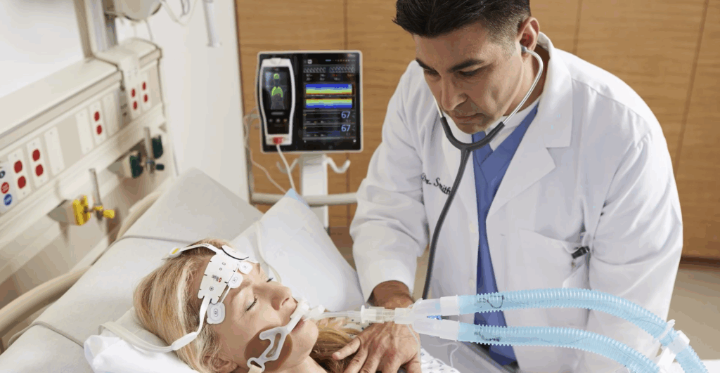 médico utilizando monitor sedline em paciente sedada